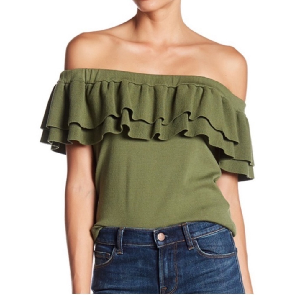 J. Crew Olive Green Knit Ruffle Off Shoulder Top